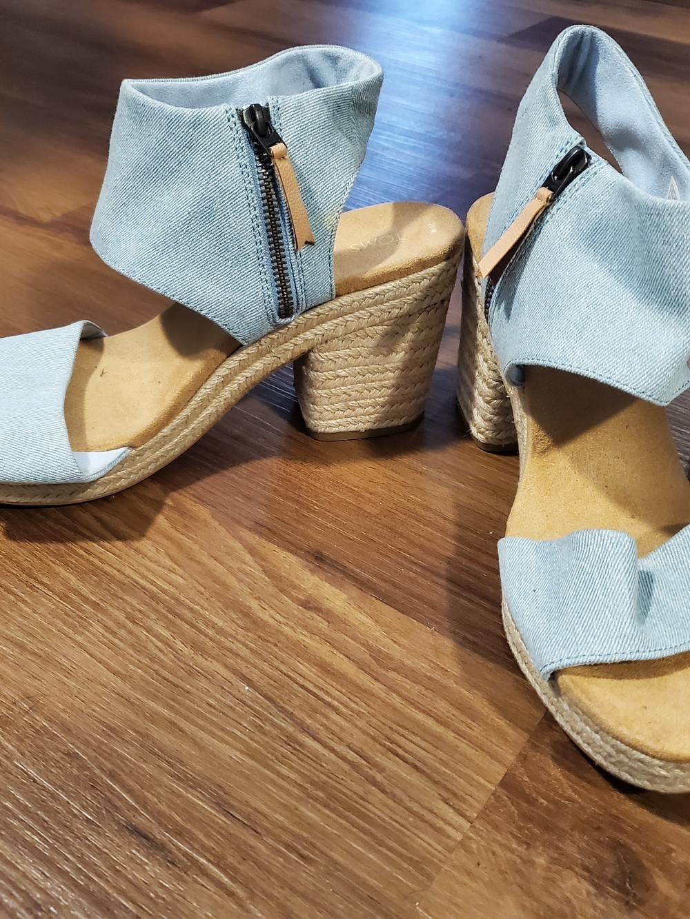 Tom's light blue denim block heel sandals with ankle zip